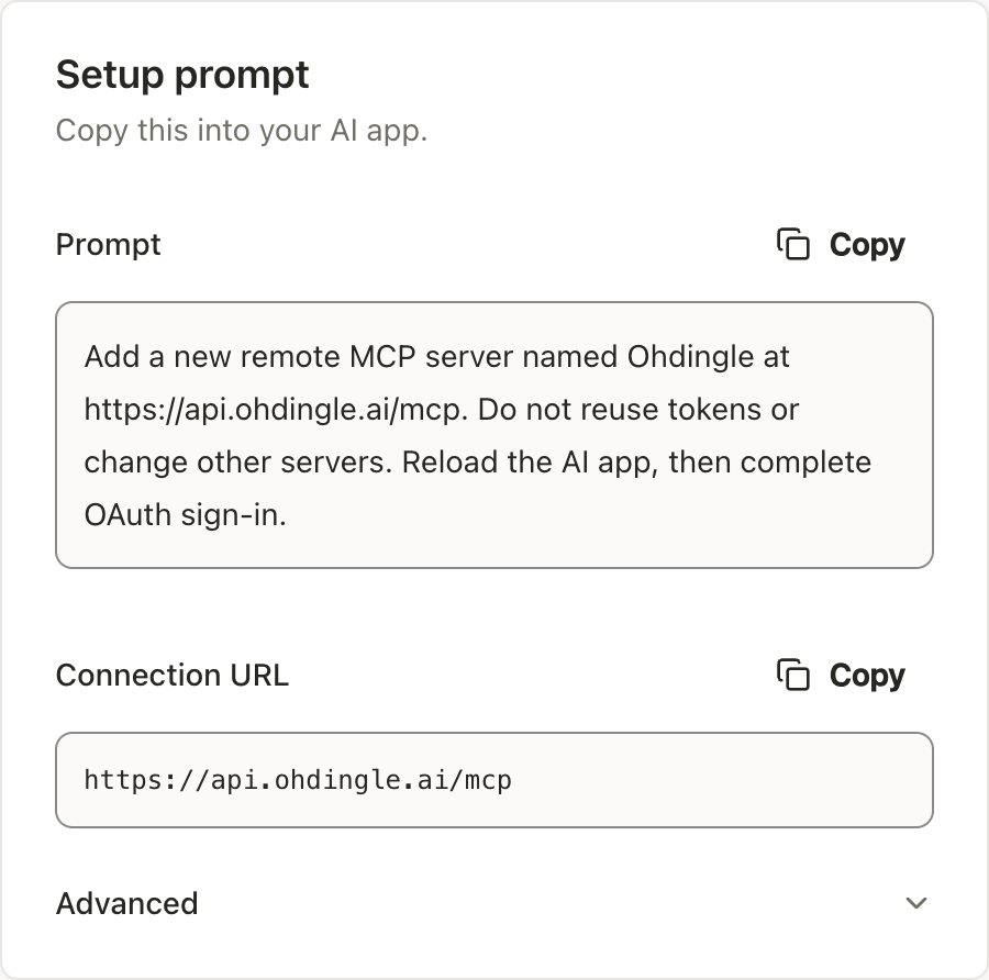 Ohdingle assistant setup prompt and connection URL.